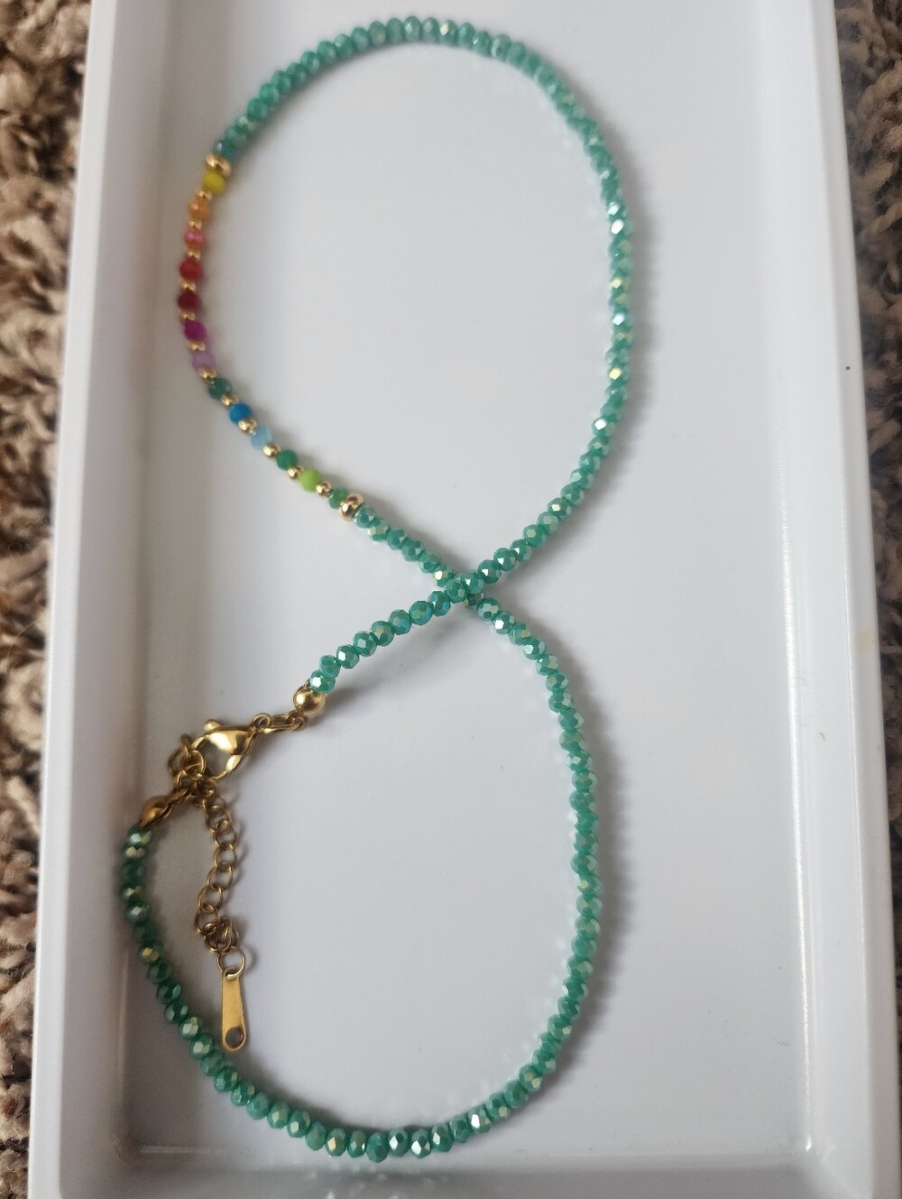 Gold Accent Aqua Green Beaded Necklace #10